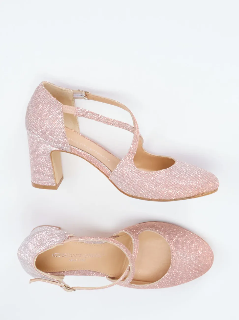 Konstantin Starke – Spangenpumps aus Glitzermaterial Roségold
