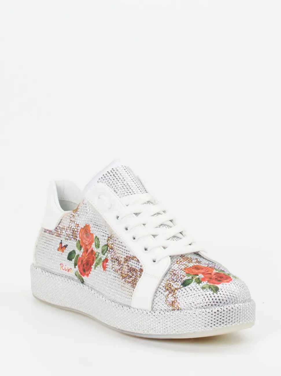 Rise – Sneaker aus Metallicleder mit Strassdetails